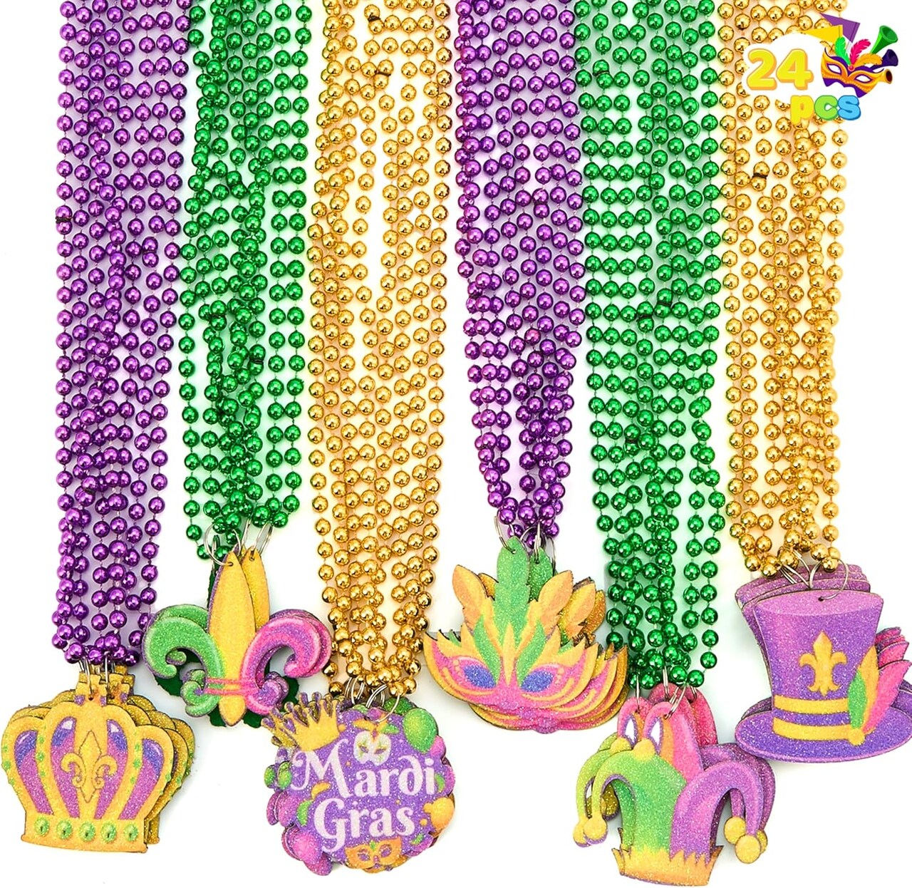 24 Pcs Mardi Gras Bead Necklaces with Pendant, 6 Designs Mardi Gras Necklaces, Gold Green Purple Beads Necklace Dress Up Costumes for Mardi Gras Party Decorations Supplies